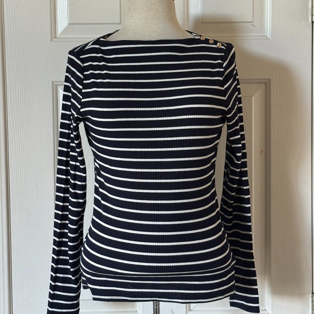 Women's NWT Free Assembly Striped Long Sleeve Boat Neck Ribbed Shirt Navy S